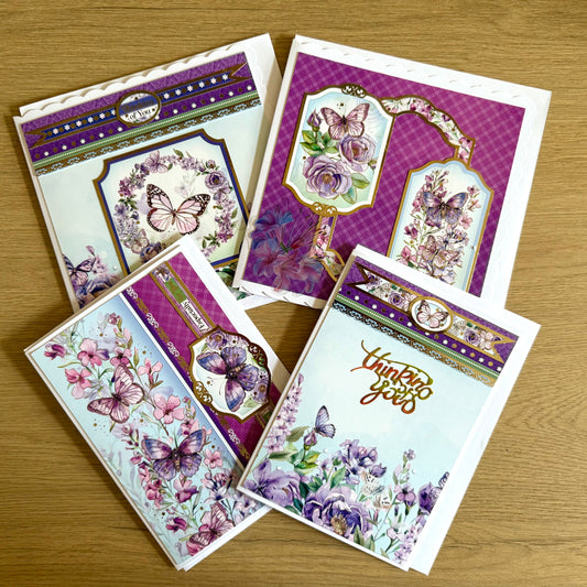 Four Handmade Cards: Flowers, Butterflies - Deep Purple & Lilac Hues