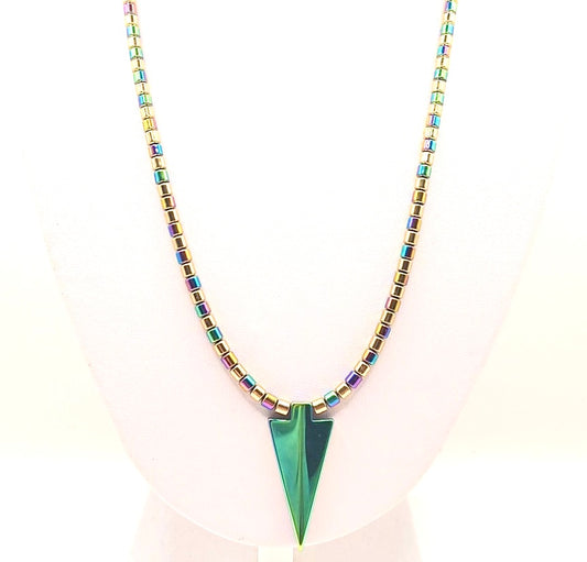 Handmade Hematite Bead Necklace - Greens, Golds & Pinks