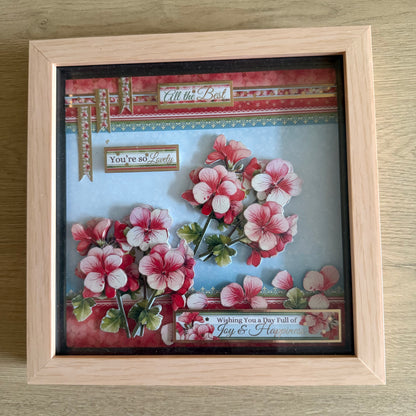 Square 3D Box Frame 8”x8” Decoupage Pink & Red Flower Picture - Joy, Happiness & All The Best